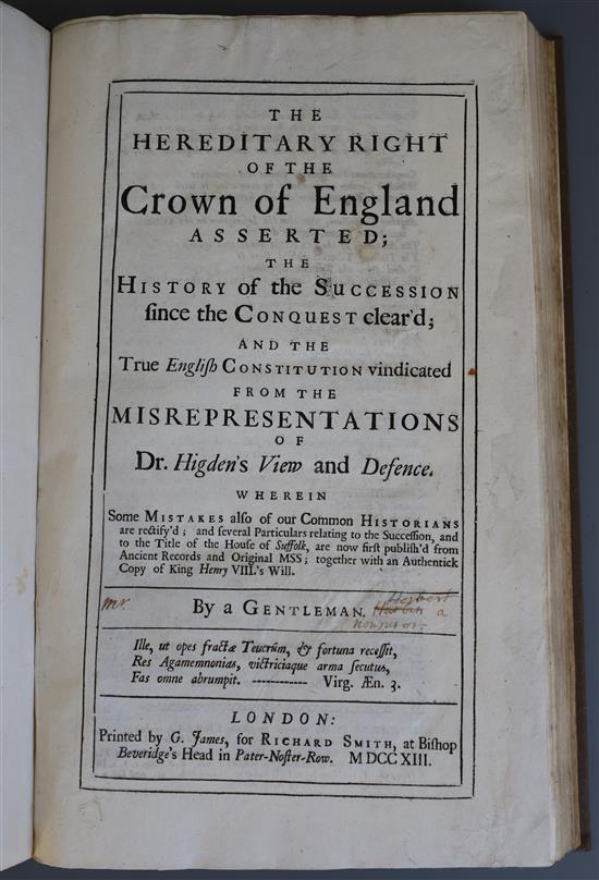 Harbin, George - The Hereditary Right of the Crown of England Asserted..., folio, rebound speckled calf gilt,